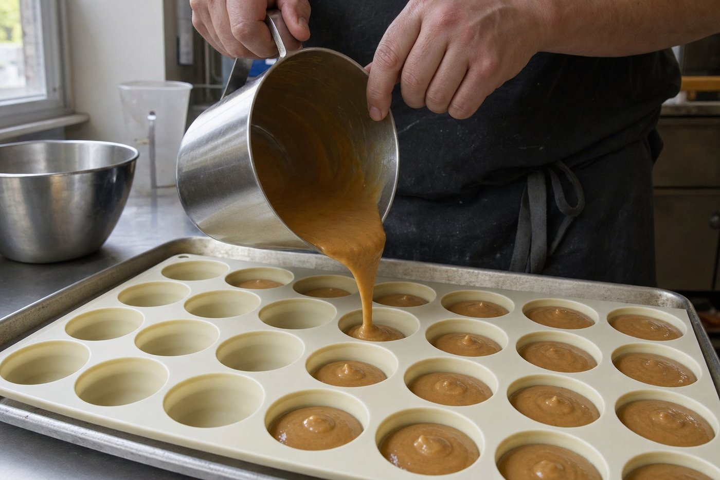 Batter being poured into silicone bakery moulds