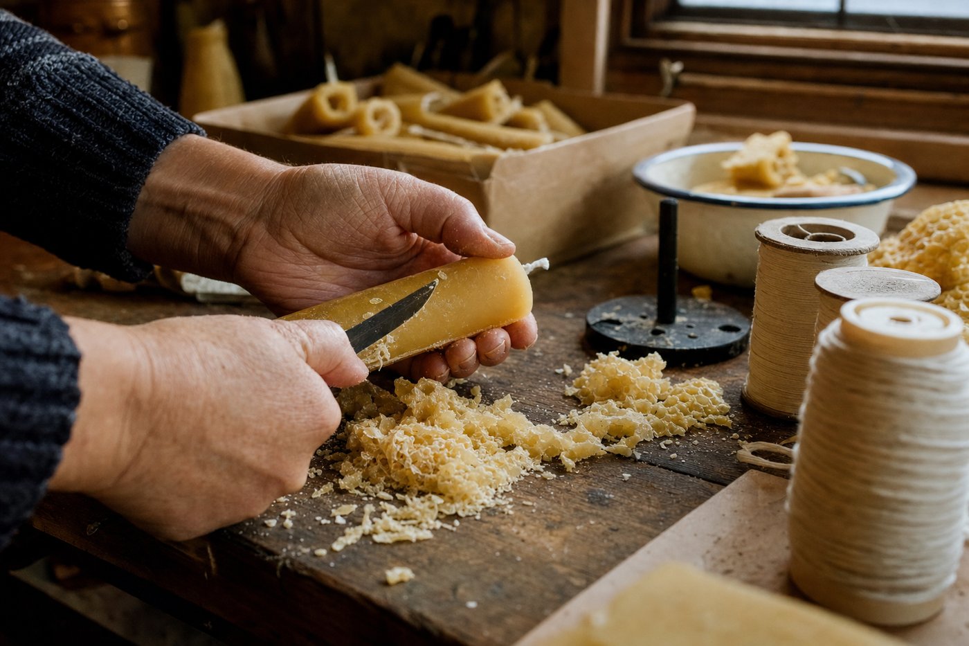 Craftsperson working with natural materials on a wooden bench
